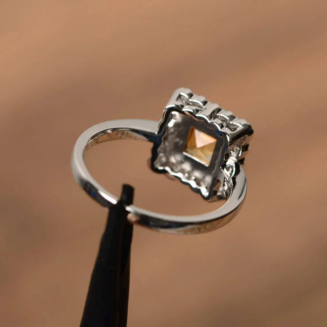 Natural Square Cut Citrine Halo Ring - 925 Sterling Silver Ring