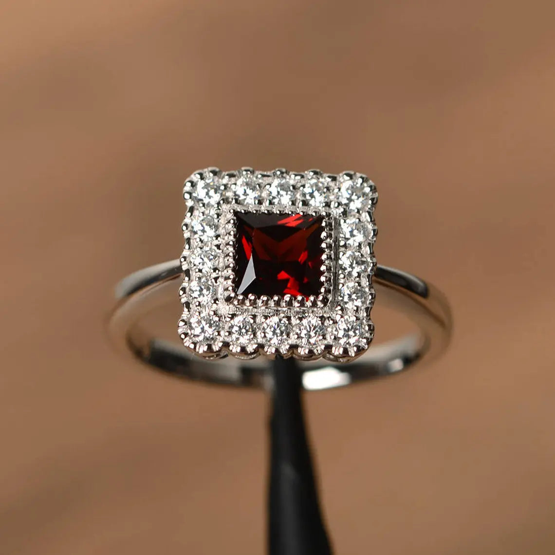 Natural Square Cut Garnet  Halo Ring - 925 Sterling Silver Ring