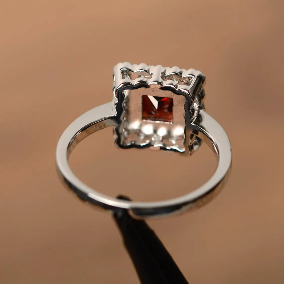 Natural Square Cut Garnet  Halo Ring - 925 Sterling Silver Ring