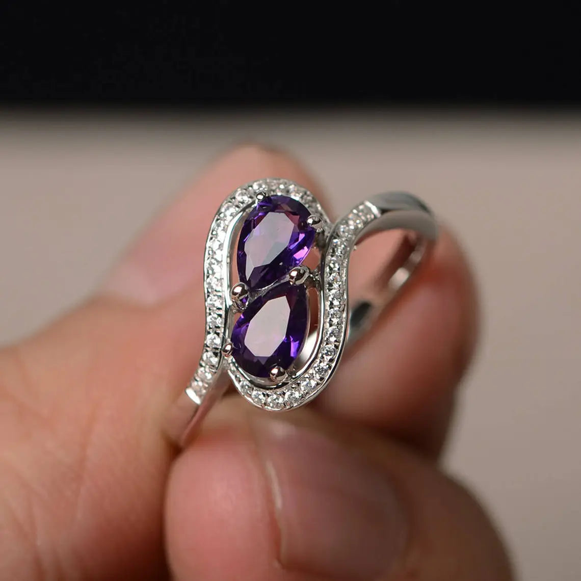 Natural Two Stone Pear Cut Amethyst Engagement Ring - 925 Sterling Silver Ring