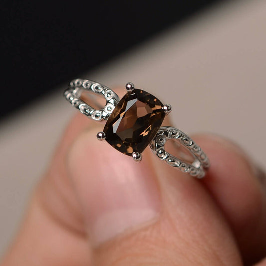 Natural Cushion Cut Smoky Quartz Solitraire Ring - 925 Sterling Silver Ring