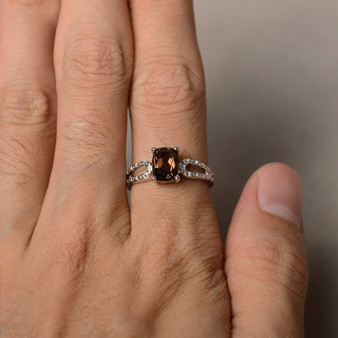 Natural Cushion Cut Smoky Quartz Solitraire Ring - 925 Sterling Silver Ring