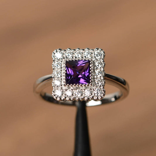 Natural Square Cut Amethyst Halo Ring 