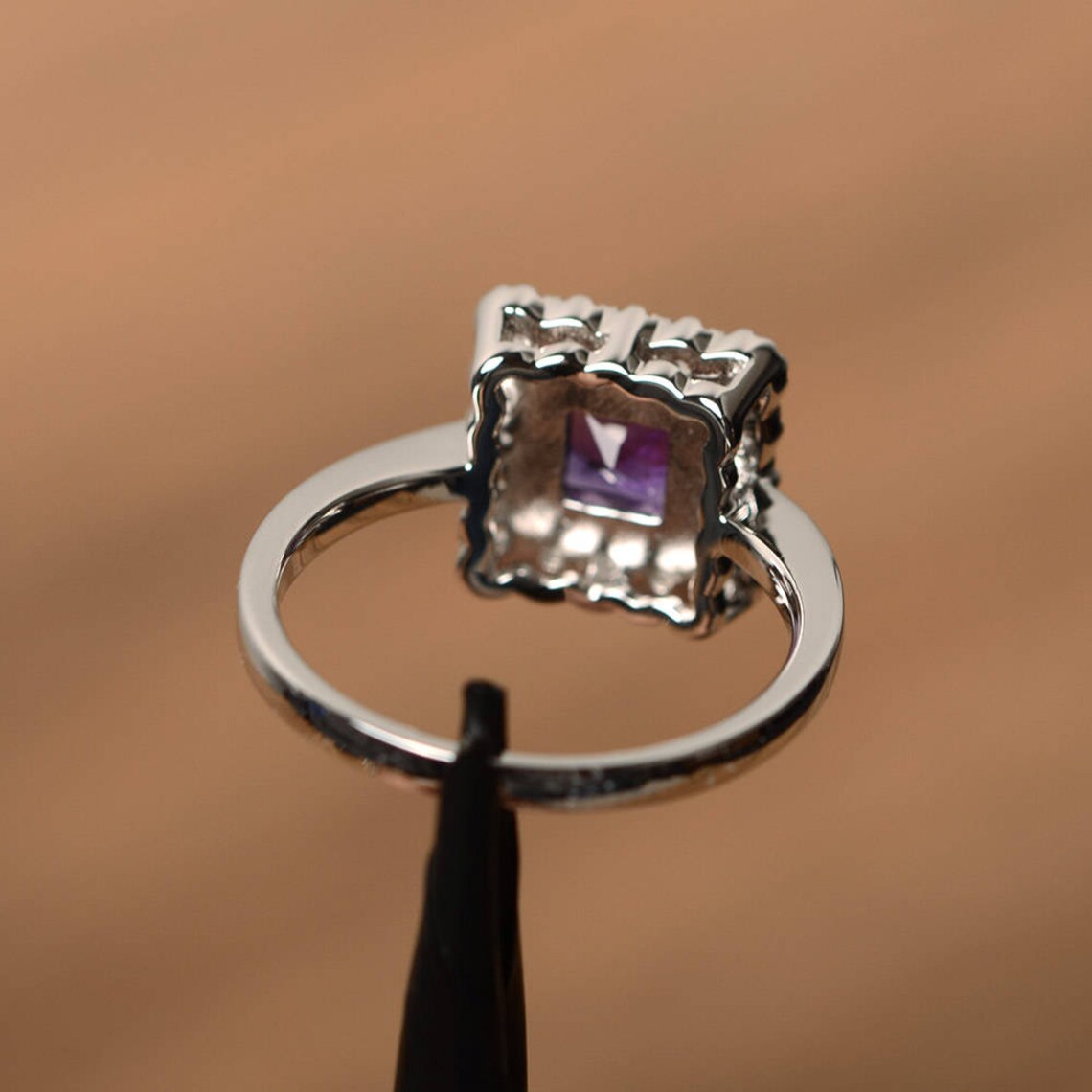 Natürlicher Amethyst-Halo-Ring im Quadratschliff – Ringe aus 925er Sterlingsilber