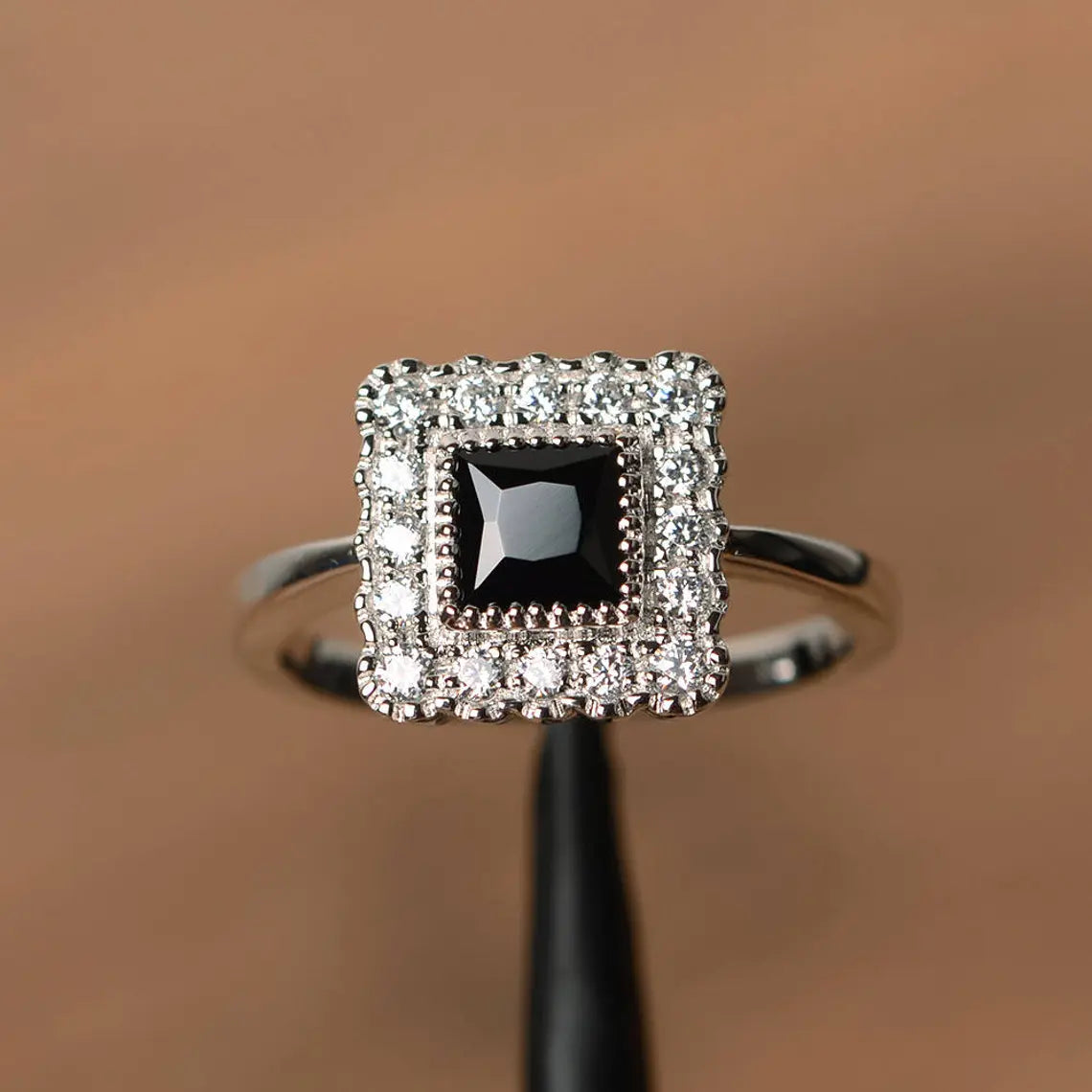 Natural Square Cut Black Onyx Halo Ring - 925 Sterling Silver Ring