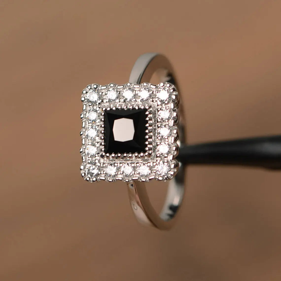 Natural Square Cut Black Onyx Halo Ring - 925 Sterling Silver Ring