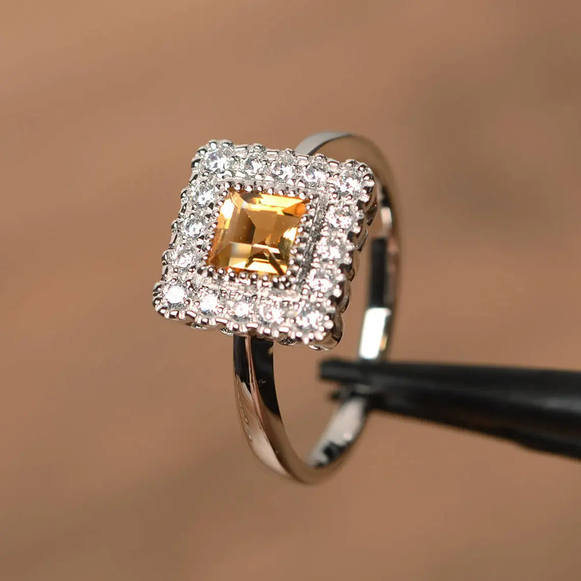 Natural Square Cut Citrine Halo Ring - 925 Sterling Silver Ring