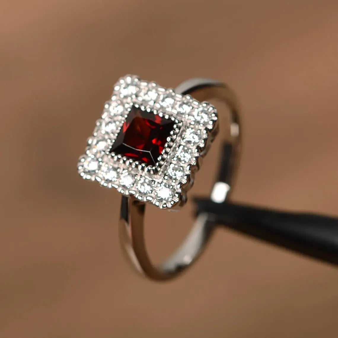 Natural Square Cut Garnet  Halo Ring - 925 Sterling Silver Ring