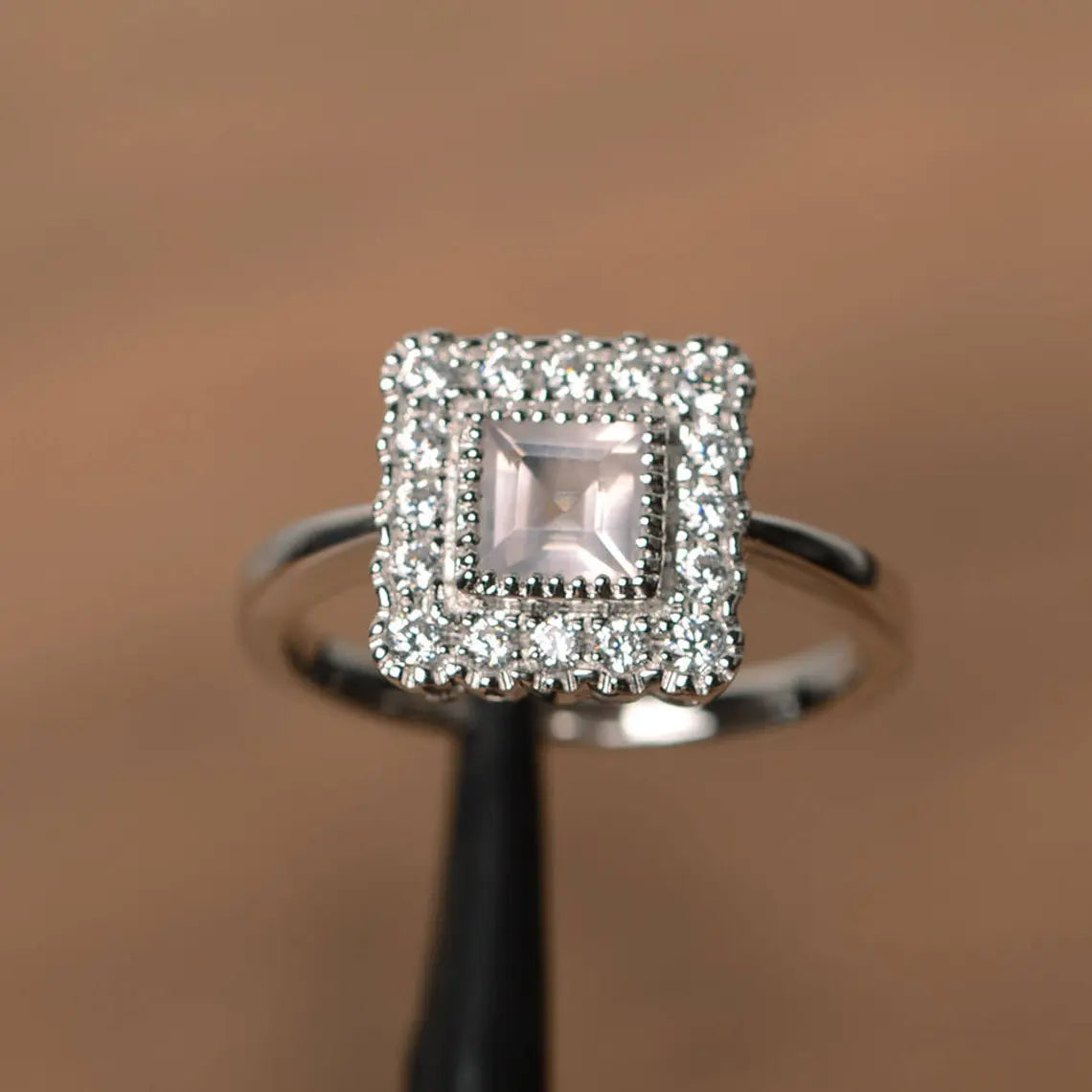 Natural Square Cut Rose Quartz Halo Ring - 925 Sterling Silver Ring