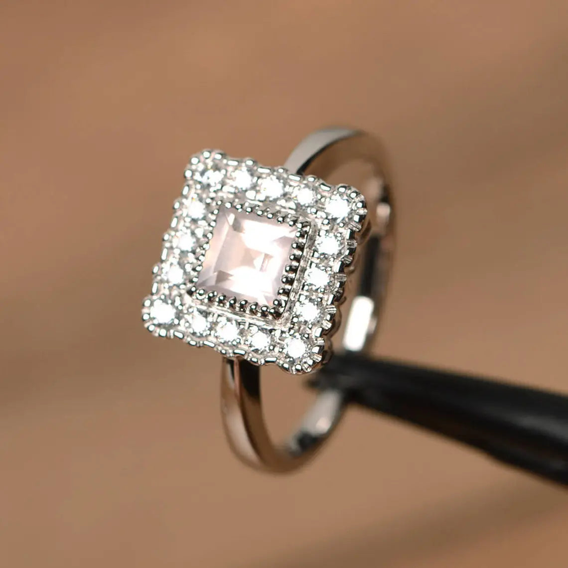 Natural Square Cut Rose Quartz Halo Ring - 925 Sterling Silver Ring