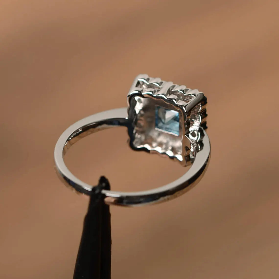 Natural Square Cut Blue Topaz Halo Ring - 925 Sterling Silver Ring