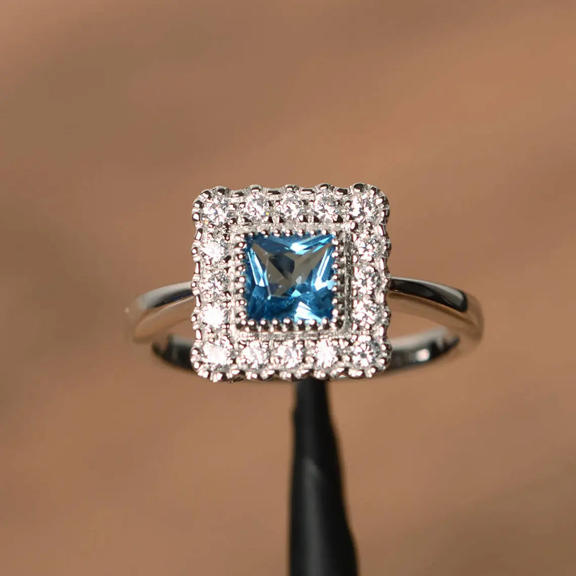 Natural Square Cut Blue Topaz Halo Ring - 925 Sterling Silver Ring