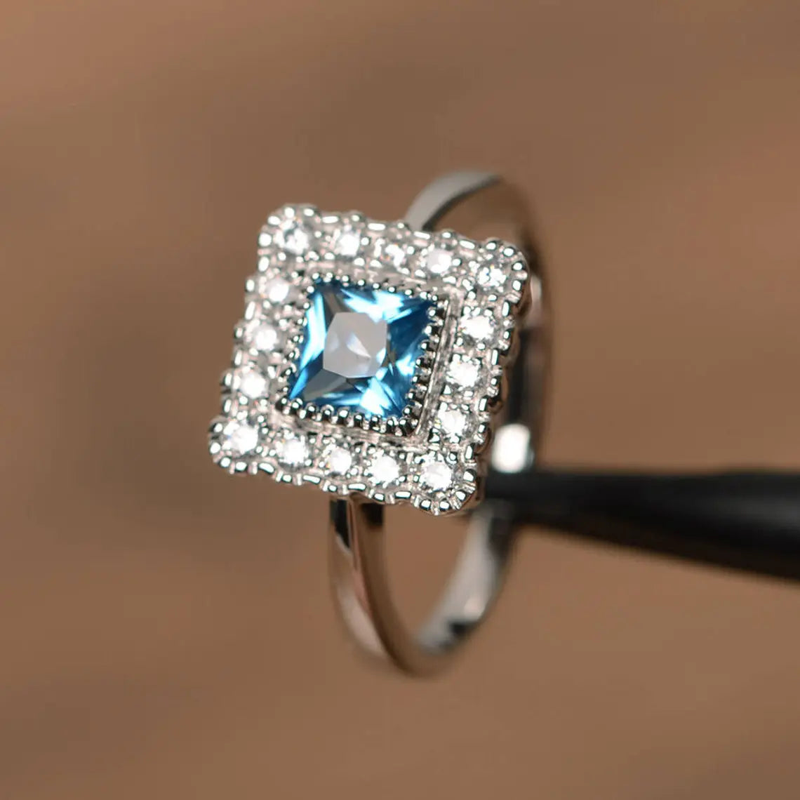 Natural Square Cut Blue Topaz Halo Ring - 925 Sterling Silver Ring