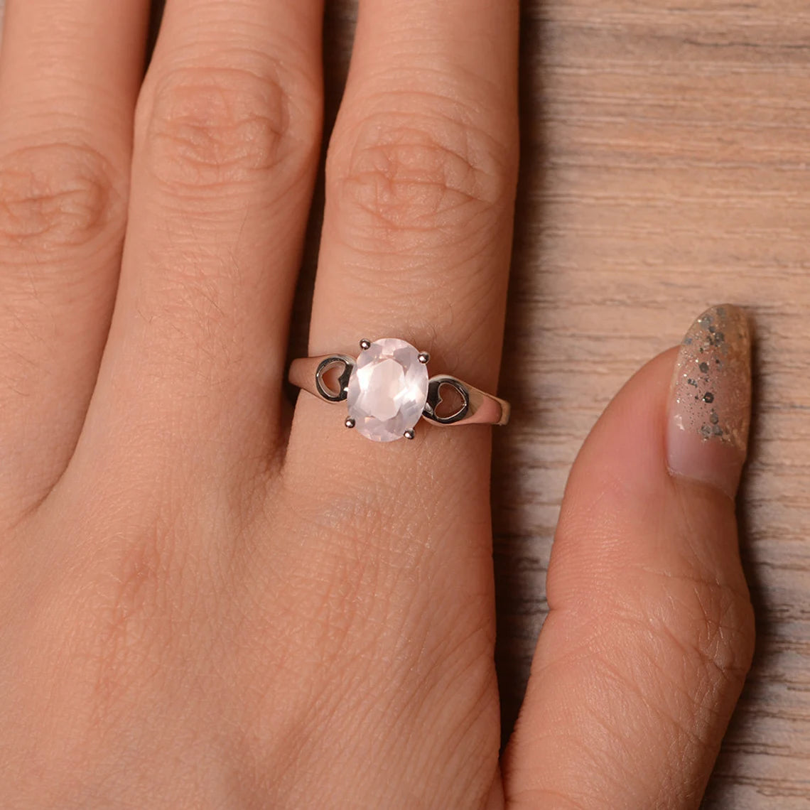 Natural Oval Cut Rose Quartz Cute Promise Rings - 925 Sterling Silver Rings