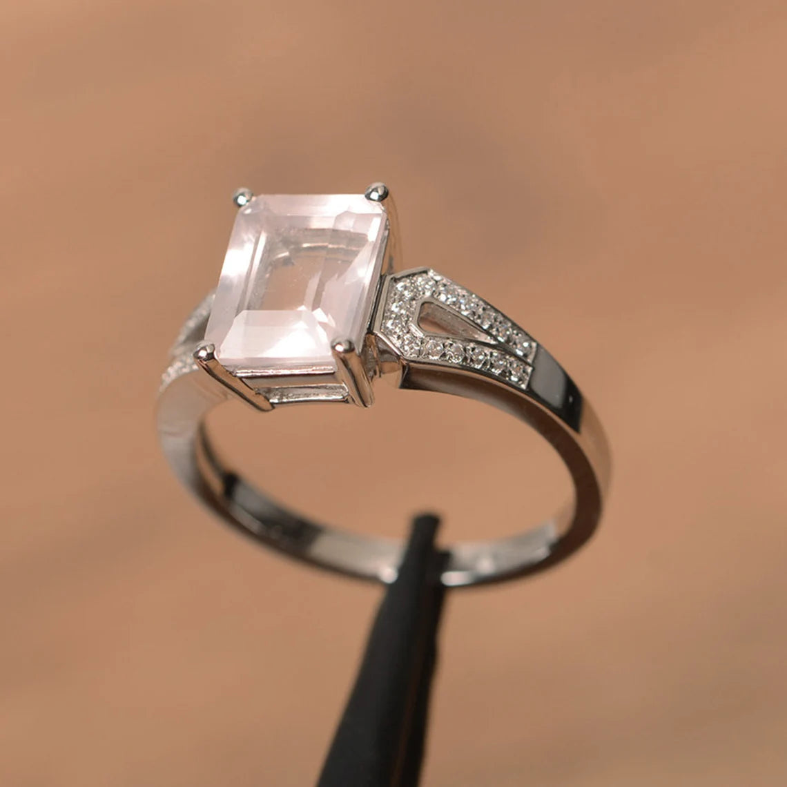 Bague de promesse en quartz rose taille émeraude naturelle - Bague en argent sterling 925