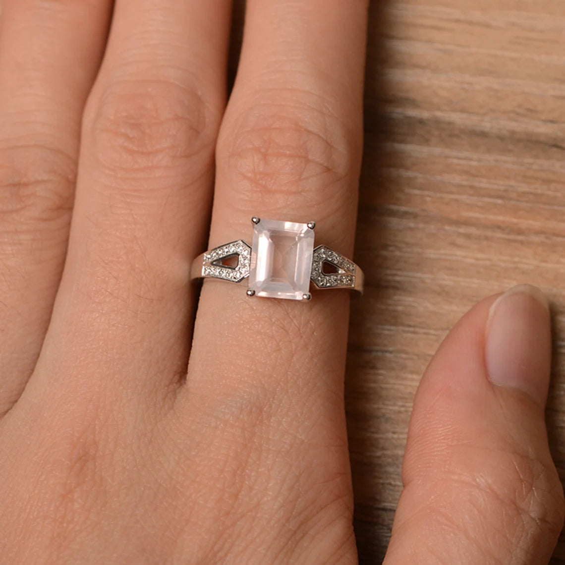 Natural Emerald Cut Rose Quartz Promise Solitaire Ring  - 925 Sterling Silver Ring