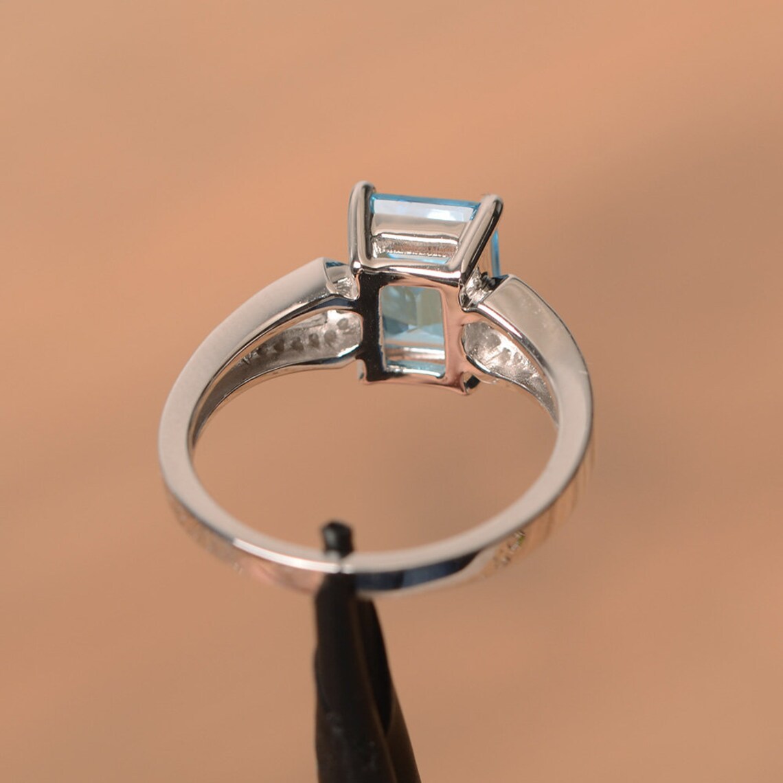 Swiss Blue Topaz Emerald Cut Solitaire Promise Statement  Rings - 925 Sterling Silver Rings