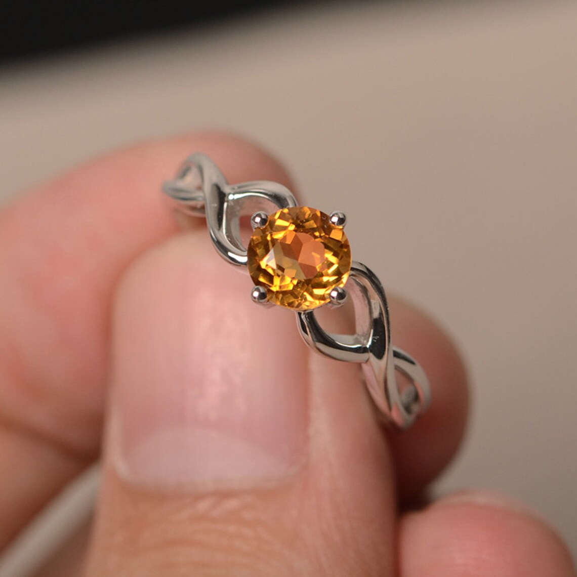 Bague citrine ronde naturelle - Argent sterling massif 925