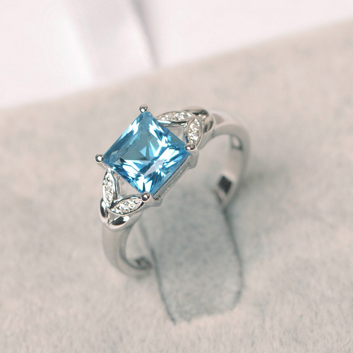 Natural Square Cut Swiss Blue Topaz Promise Rings