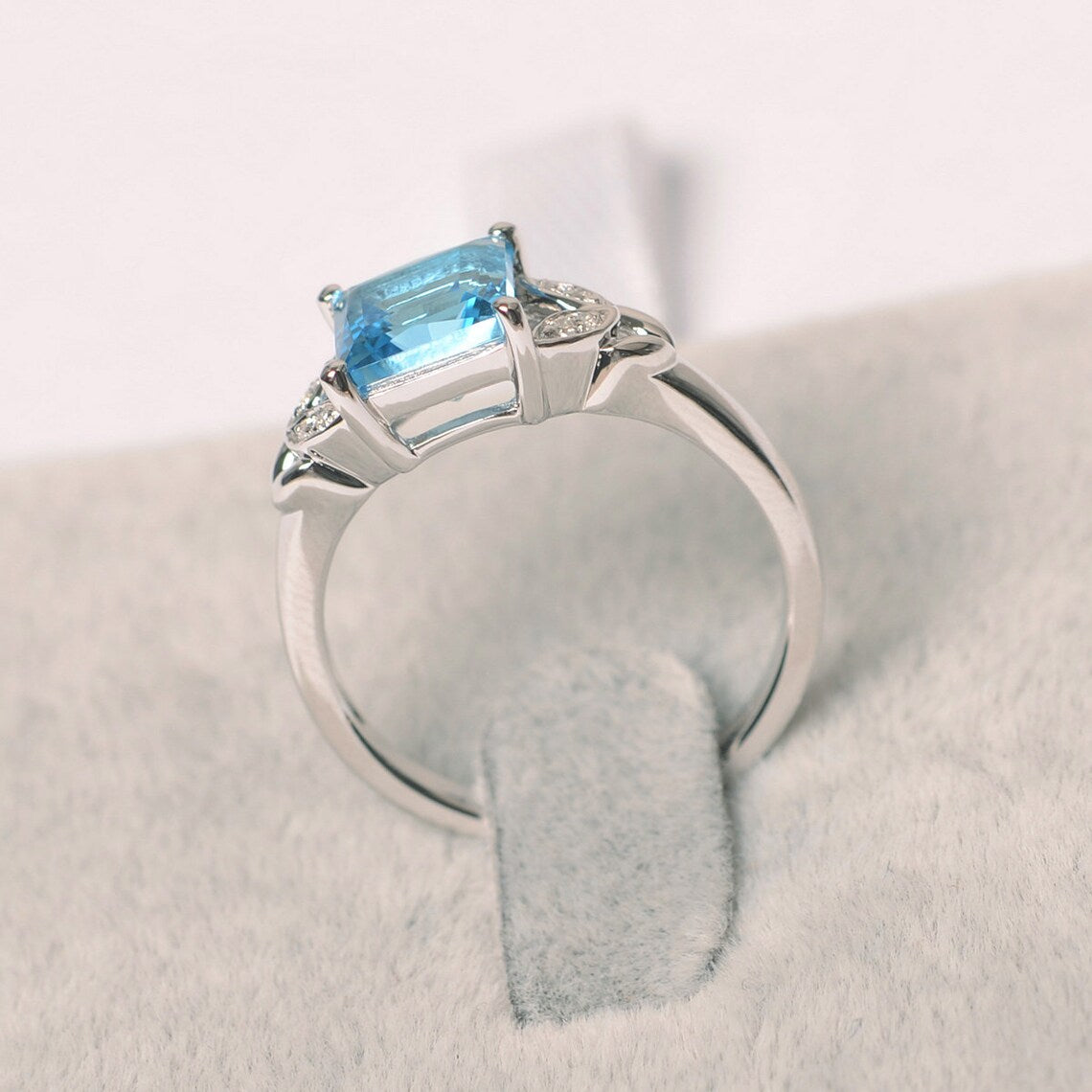 Natural Square Cut Swiss Blue Topaz Promise Rings - 925 Sterling Silver Rings