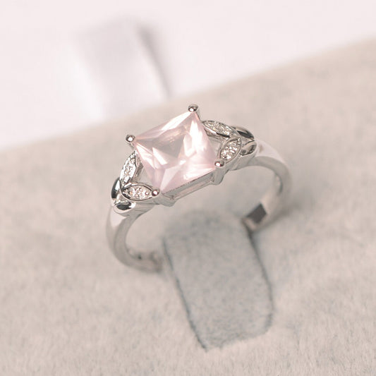 Bague halo de mariage en quartz rose taille carrée naturelle - Bague en argent sterling 925