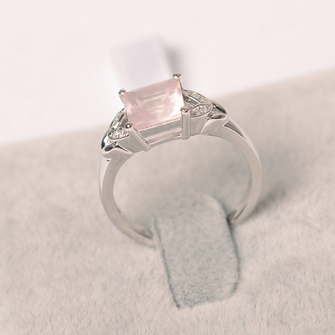 Bague halo de mariage en quartz rose taille carrée naturelle - Bague en argent sterling 925