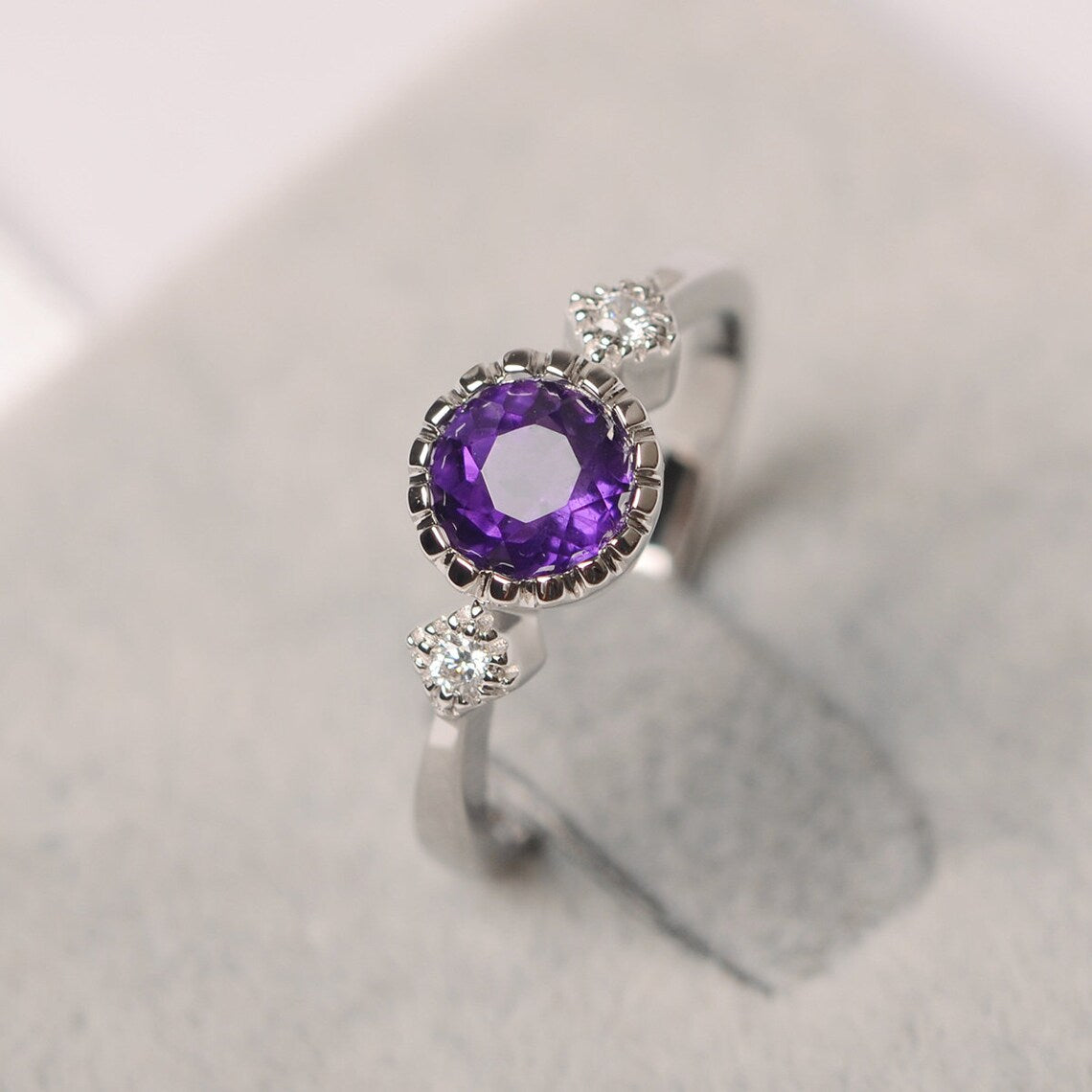 Natural Round Cut Amethyst Three Stone Promise Ring - 925 Sterling Silver Ring