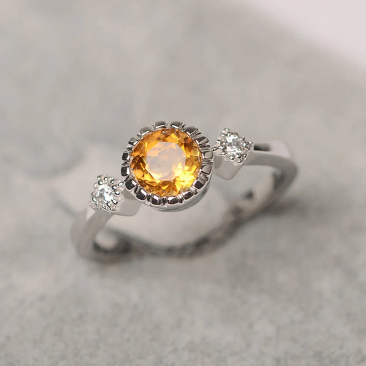 Natural Round Cut Citrine Three Stone Ring - 925 Sterling Silver Ring