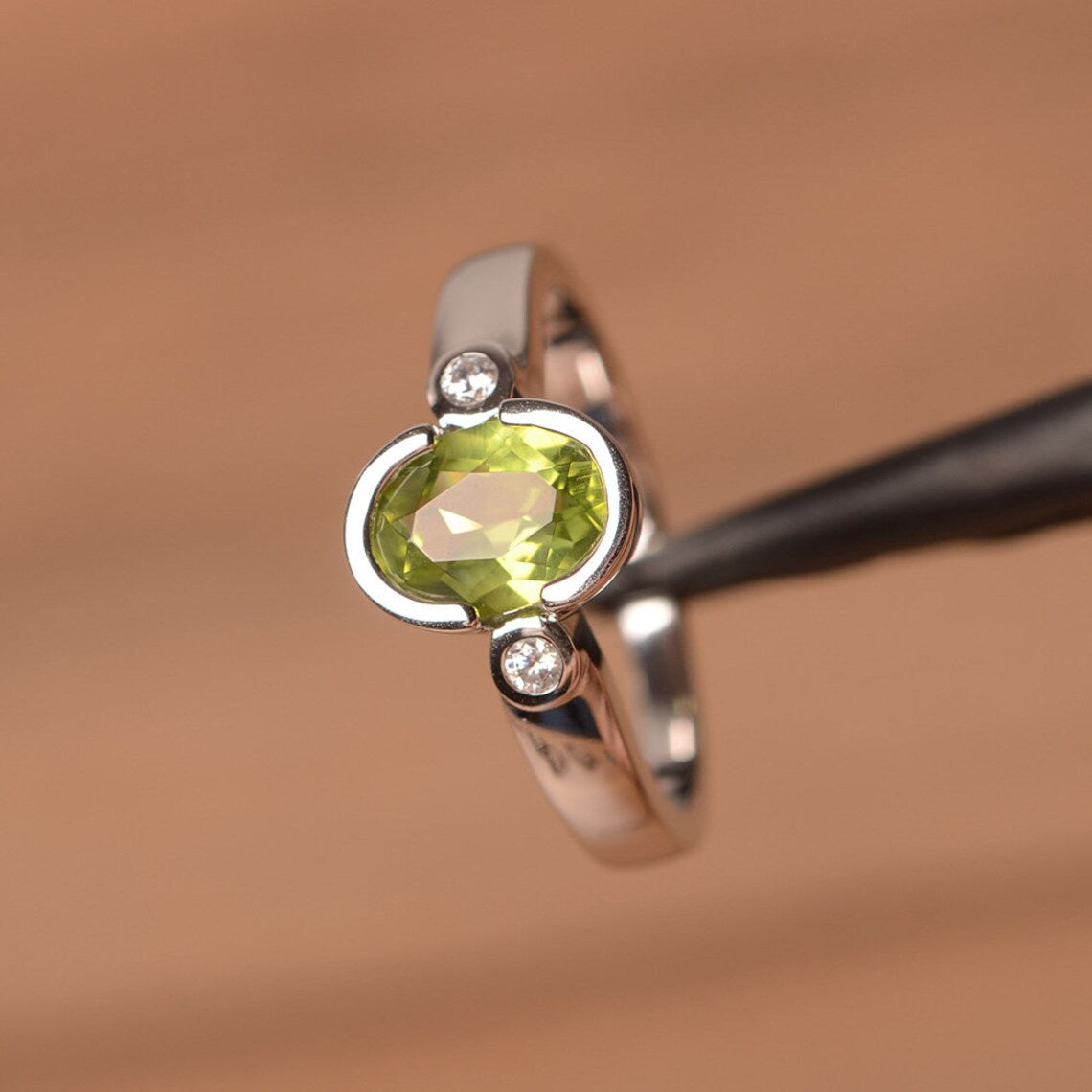 Natural Oval Cut Peridot Simple Promise Rings - 925 Sterling Silver Ring