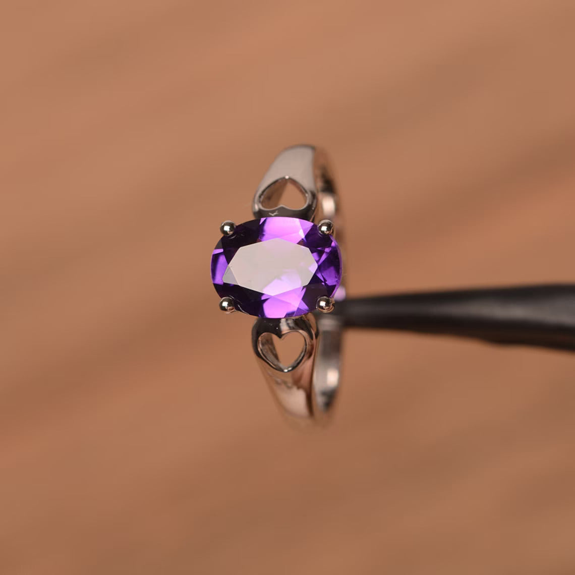 Natural Oval Cut Amethyst Solitaire Statement Rings For Women - 925 Sterling Silver Ring