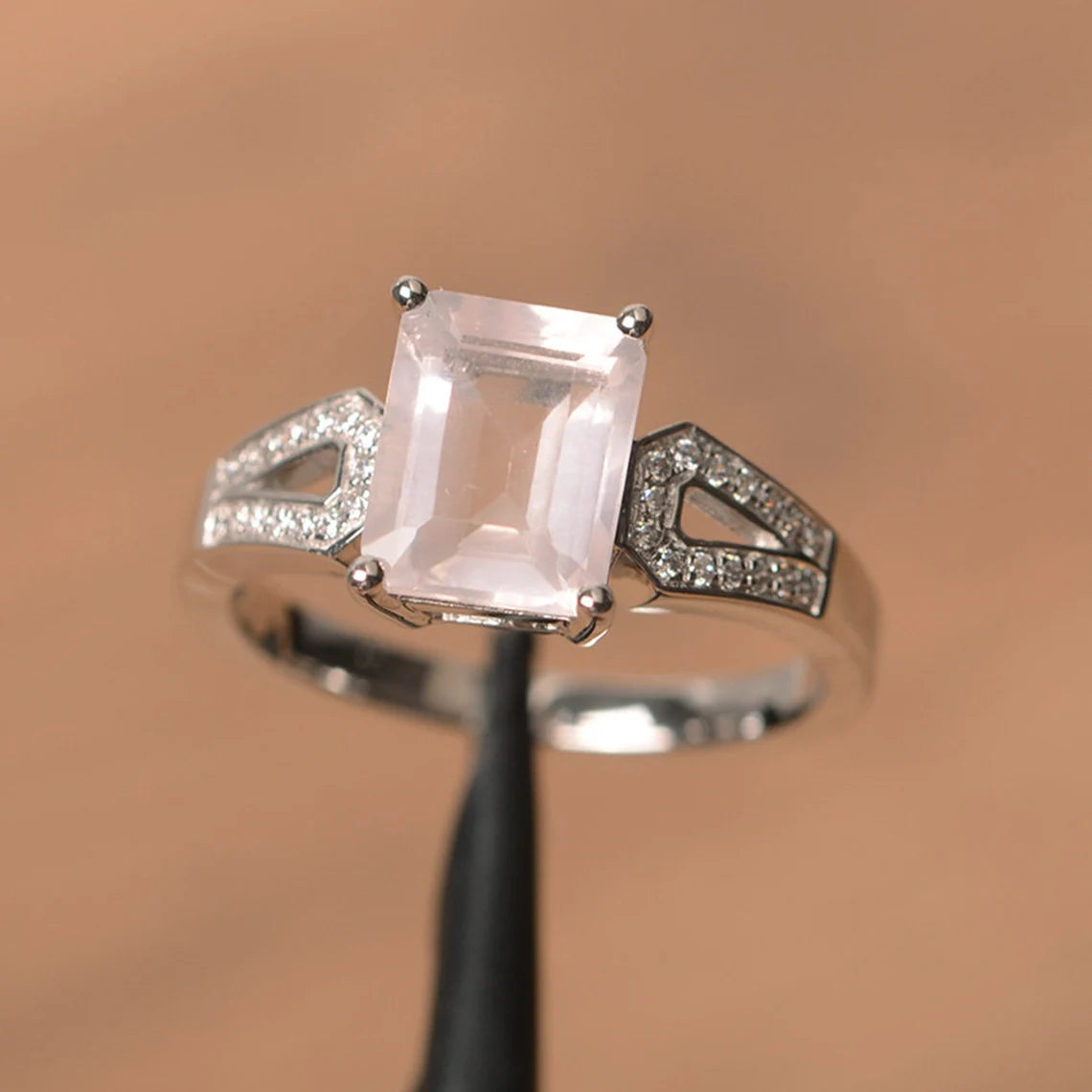 Natural Emerald Cut Rose Quartz Promise Ring