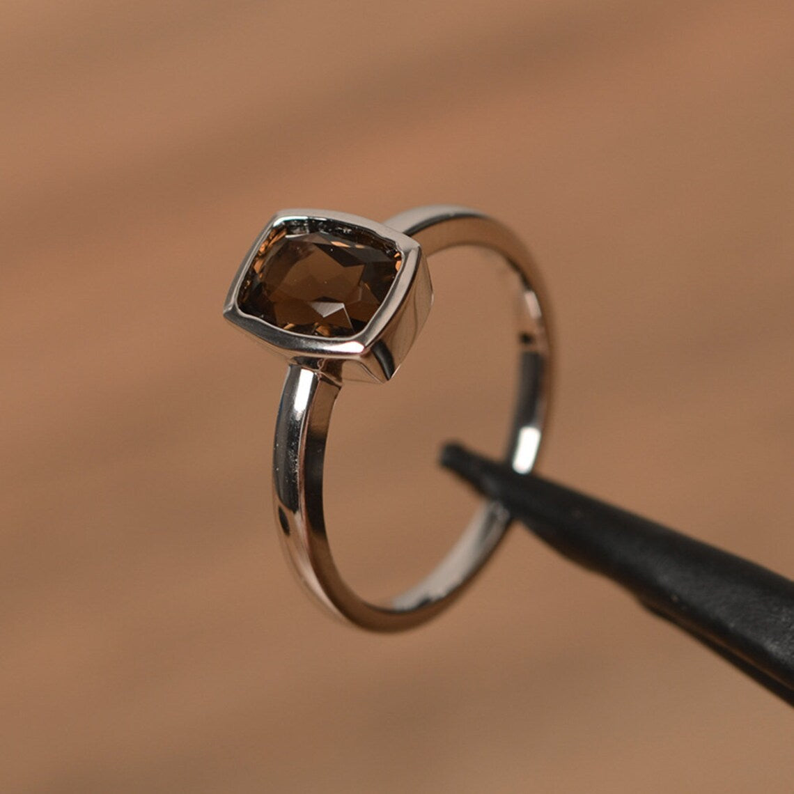 Smoky Quartz Simple Bezel Set Solitaire Rings - 925 Sterling Silver Rings