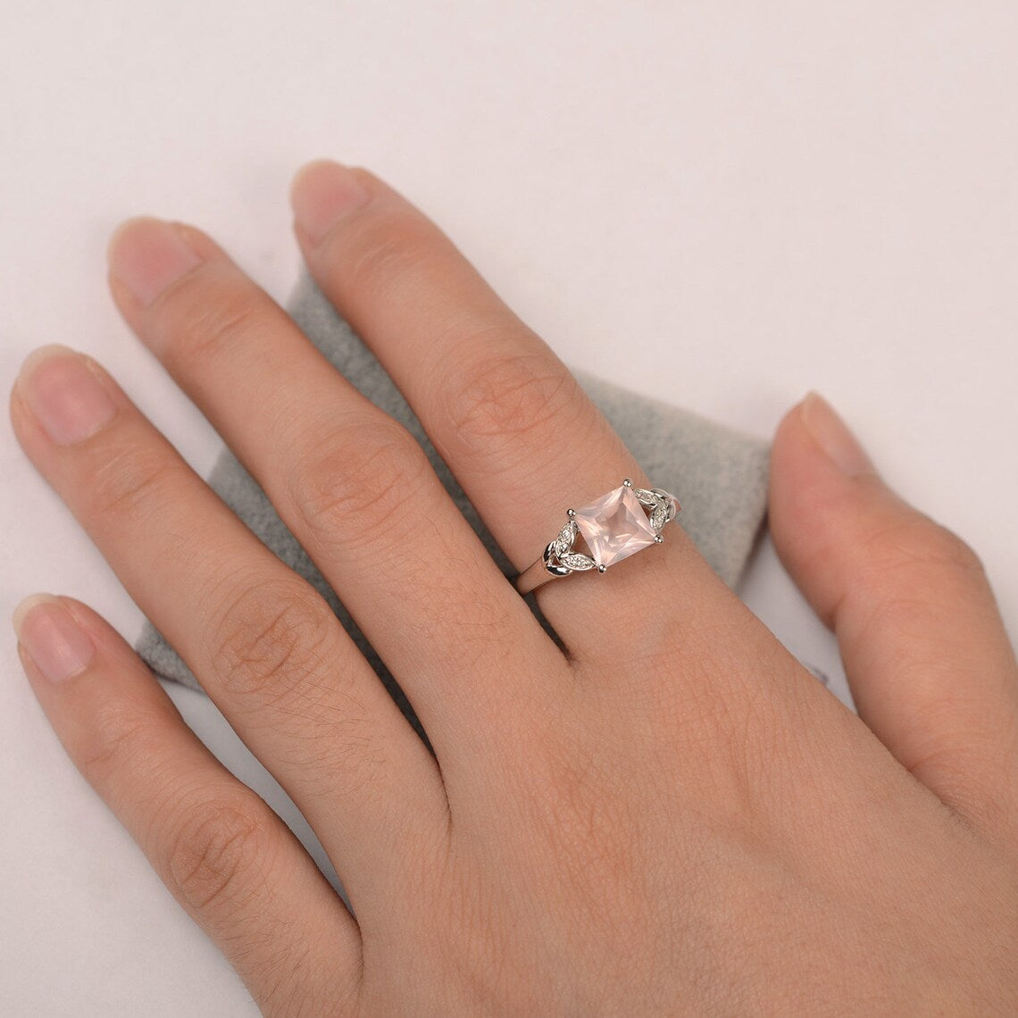 Bague halo de mariage en quartz rose taille carrée naturelle - Bague en argent sterling 925