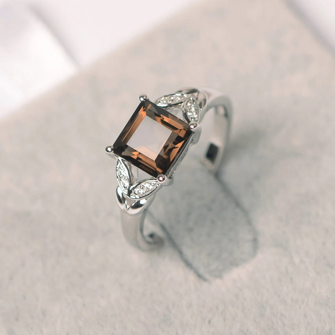 Natural Square Cut Smoky Quartz Wedding Ring - 925 Sterling SIlver RIng