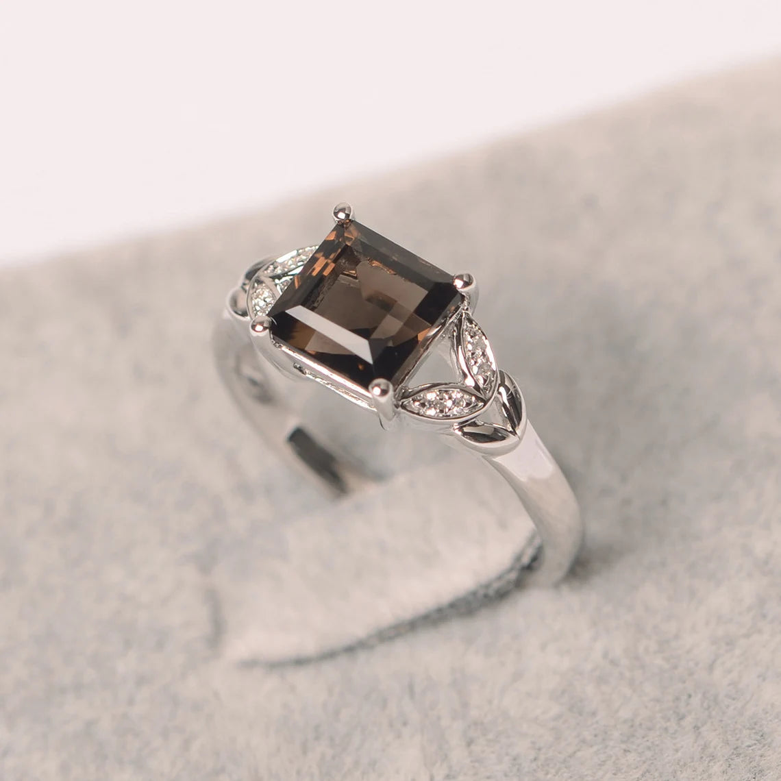 Natural Square Cut Smoky Quartz Wedding Ring - 925 Sterling SIlver RIng