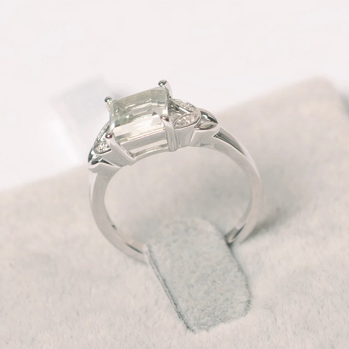 Natural Square Cut Green Amethyst Wedding Ring - 925 Sterling Silver Ring