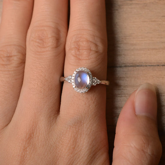 Bague halo de mariage en pierre de lune arc-en-ciel de coupe ovale naturelle - Bague en argent sterling 925