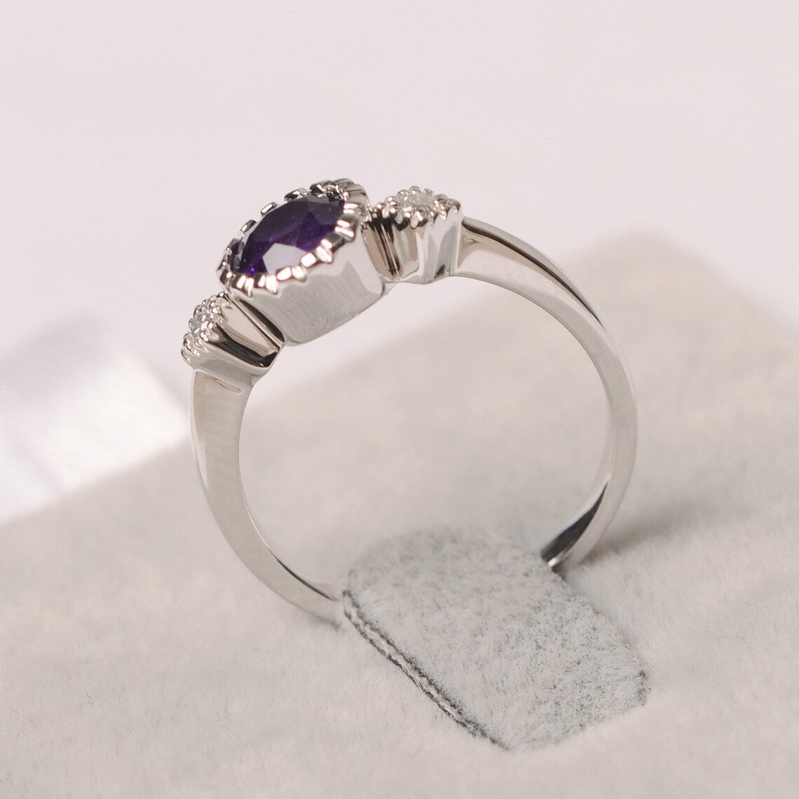 Natural Round Cut Amethyst Three Stone Promise Ring - 925 Sterling Silver Ring