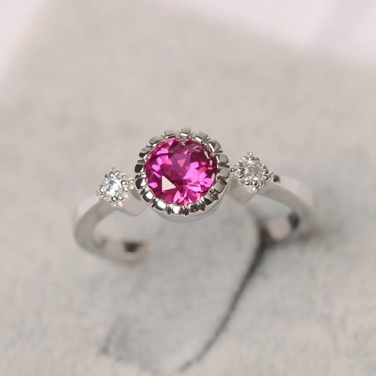 Ruby Round Cut Three Stone Ring - 925 Sterling Silver RIng