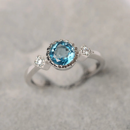 Natural Round Cut Swiss Blue Topaz Ring - 925 Sterling Silver Ring