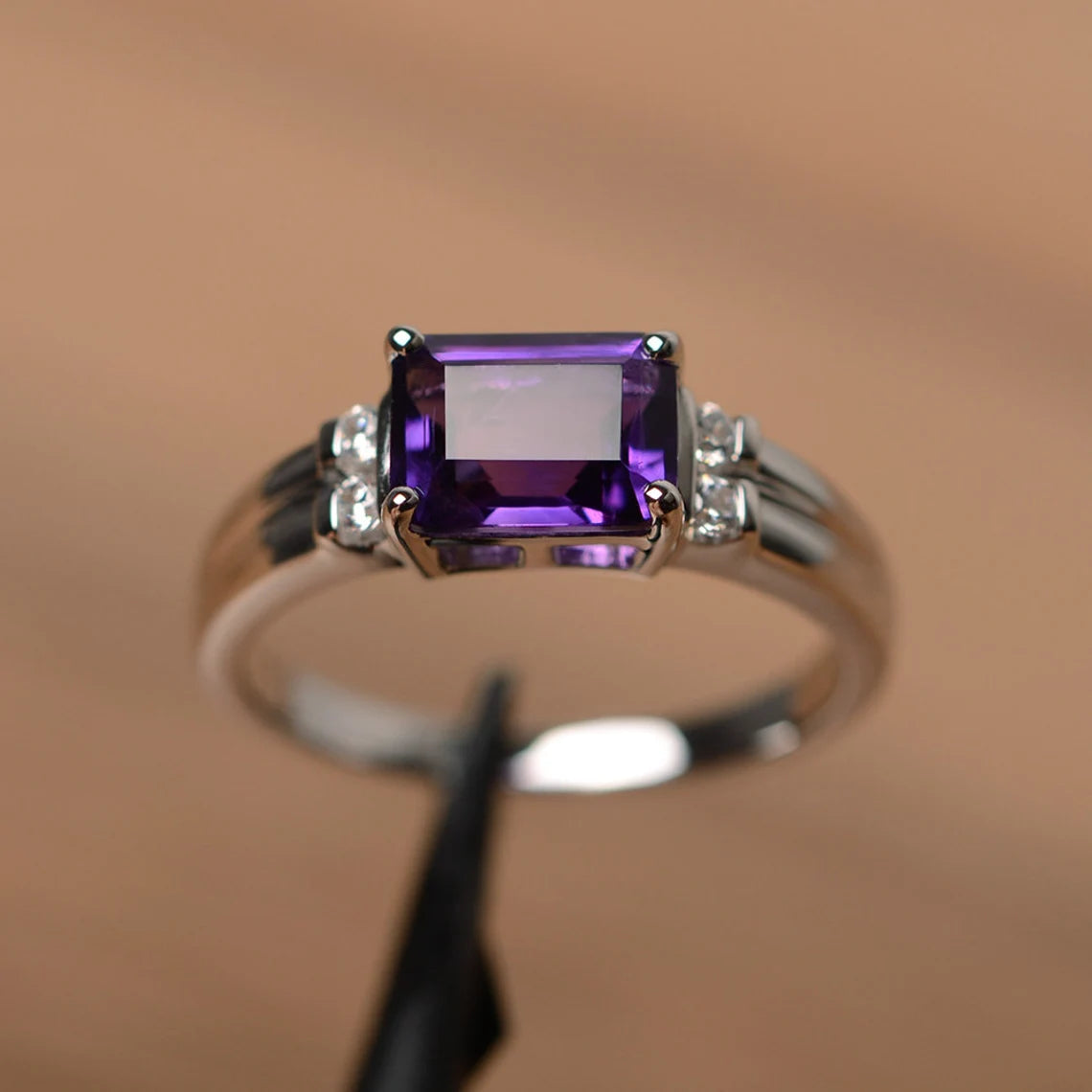 Natural Emerald Cut Amethyst Wedding Ring - 925 Sterling Silver Ring