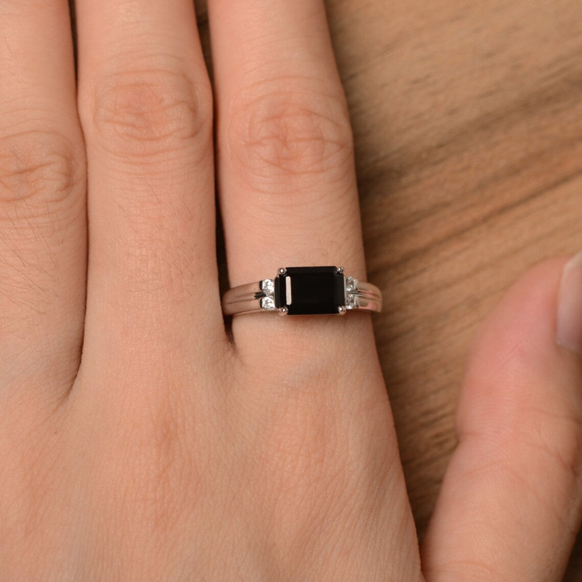 Bague solitaire en onyx noir taille émeraude naturelle - Bague en argent sterling 925