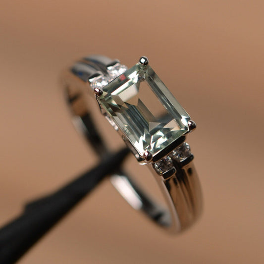 Natural Emerald Cut Green Amethyst Statement Ring 