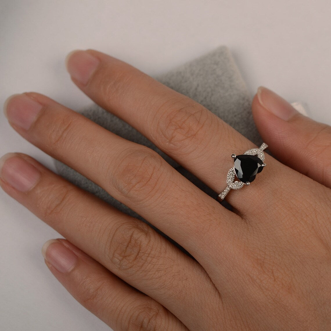 Bague de mariage en onyx noir taille coeur naturel - Bague en argent sterling 925