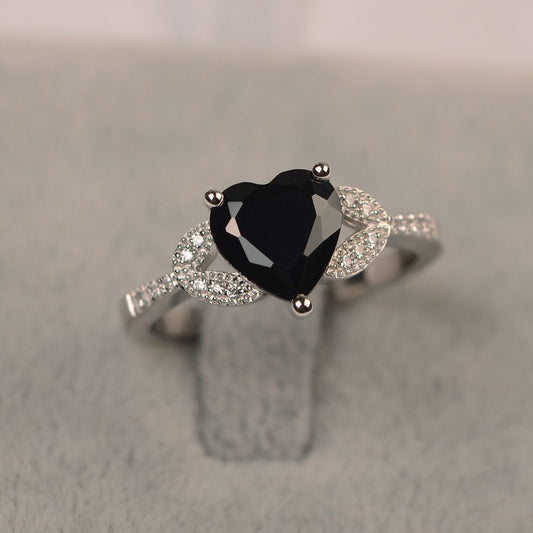 Natural Heart Cut Black Onyx Wedding Ring - 925 Sterling Silver Ring