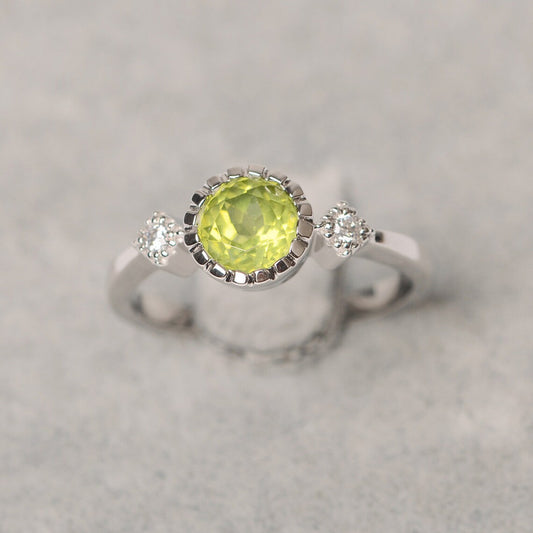 Natural Round Cut Peridot Three Stone Ring - 925 Sterling Silver Ring