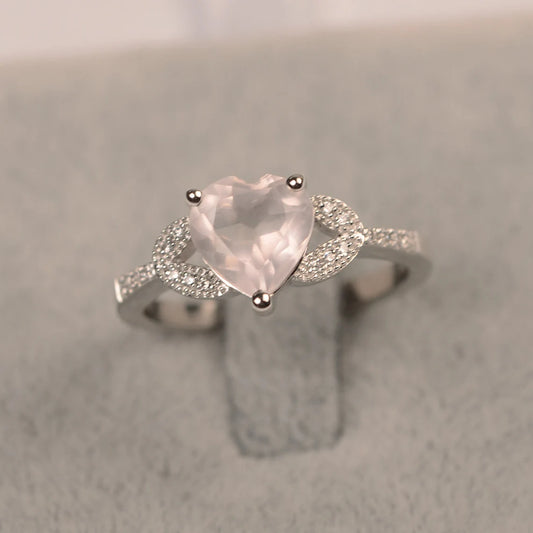 Bague de promesse en quartz rose taille cœur naturel - Bague en argent sterling 925