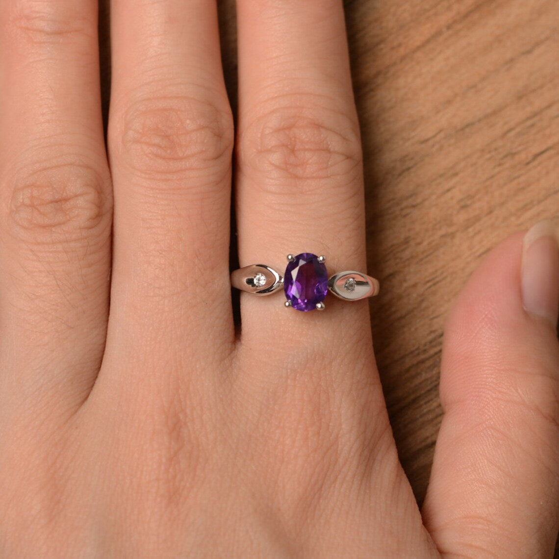 Natural Oval Cut Amethyst Promise Rings - 925 Sterling Silver Rings