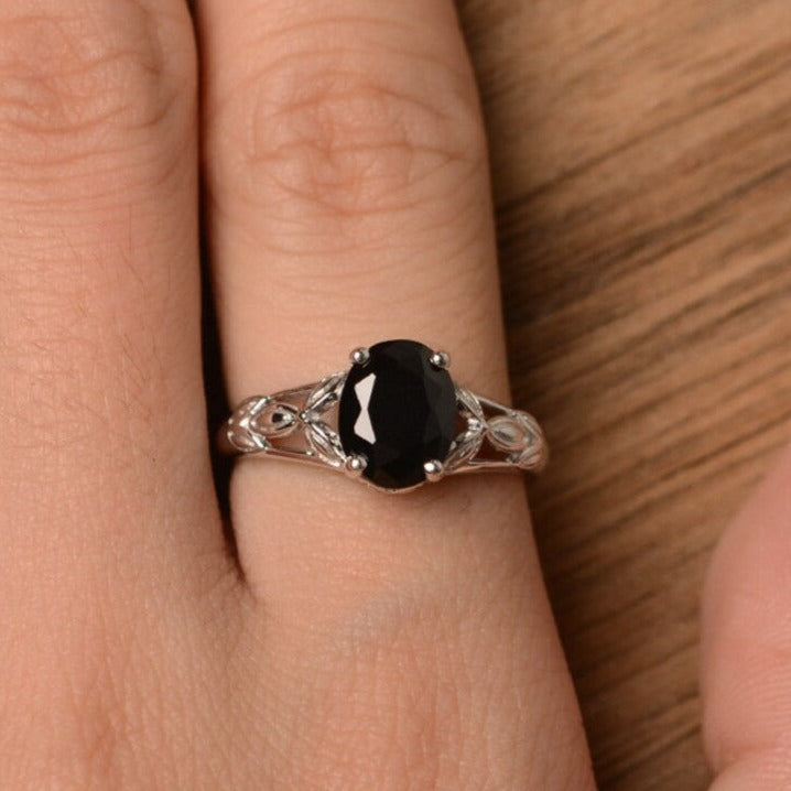 Natural Oval Cut Black Onyx Solitaire Rings - 925 Sterling Silver Statement Rings