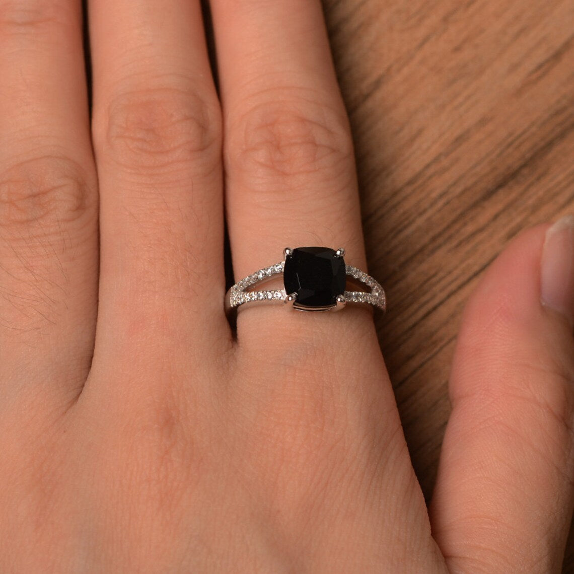 Natural Cushion Cut Black Onyx Wedding Ring - 925 Sterling Silver Ring